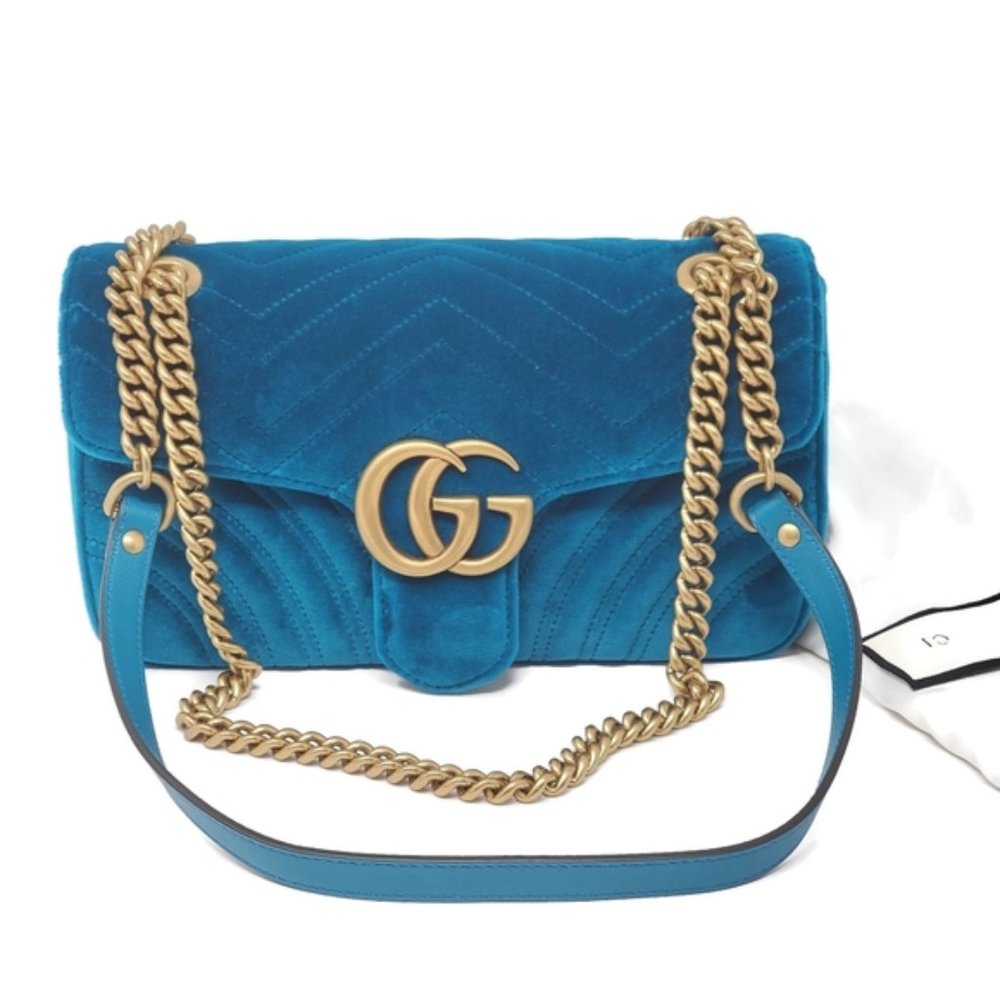 Authentic Gucci GG Marmont Bag Velvet Chevron Teal Crossbody